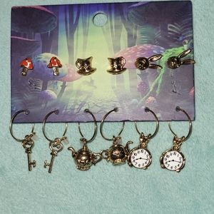 Lewis Carol Alice in wonderland 6 piece earring set, half hoops and half stud